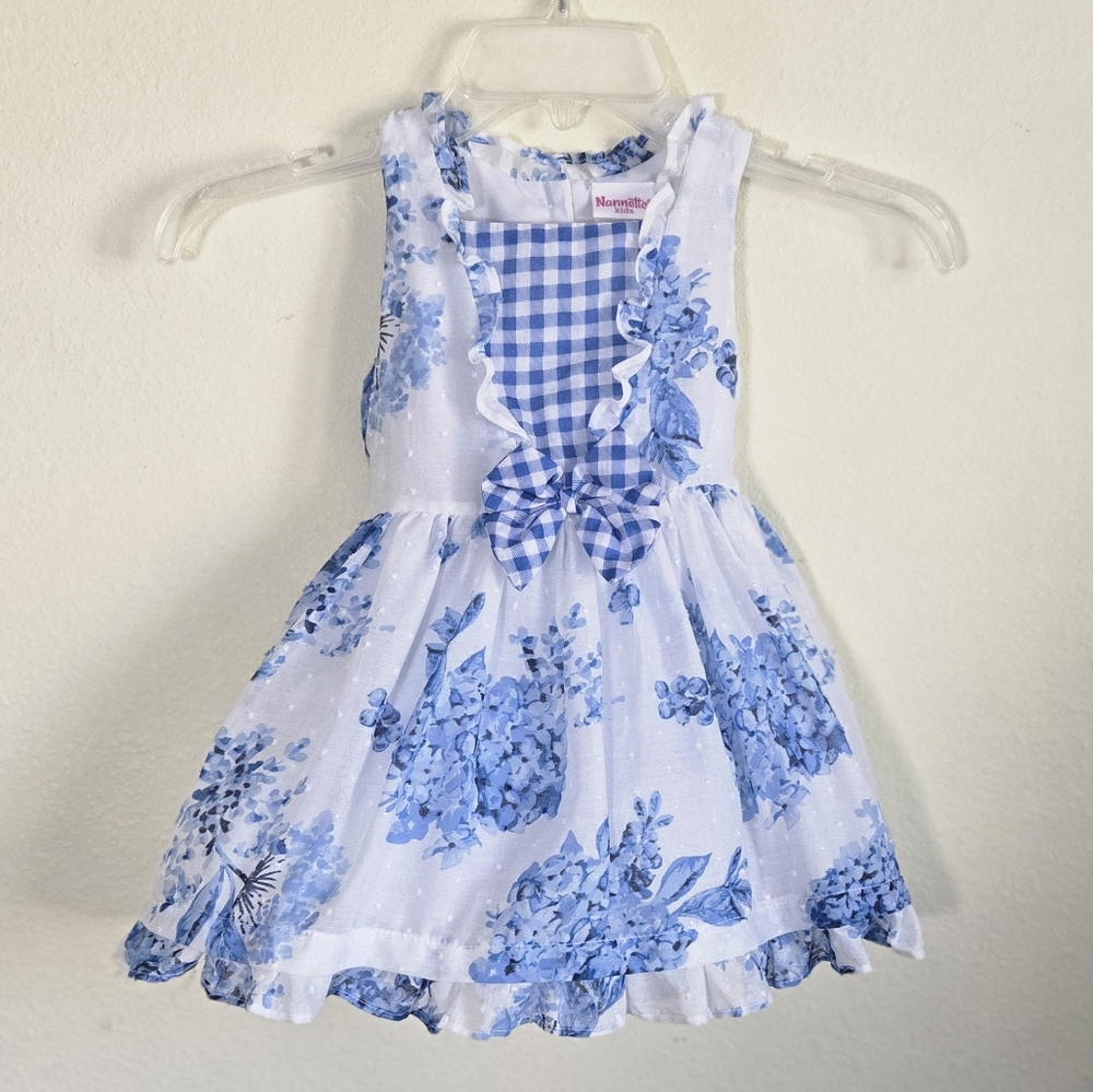 Nannette Kids Blue & White Floral Dress w/ Gingham Accents (3T)